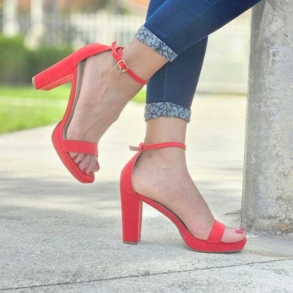 Women's Suede Ankle Strap Block Heel Dress Sandals Red Color - Picture 5 of 5